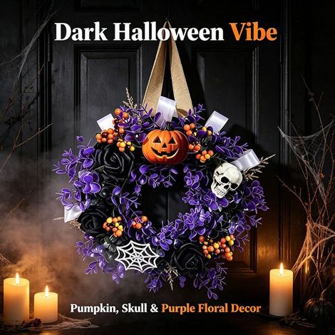 Couronne Halloween violette 35 cm - Crâne et décor - Porte murale - Maison hantée - Accessoire de fête (1/5)