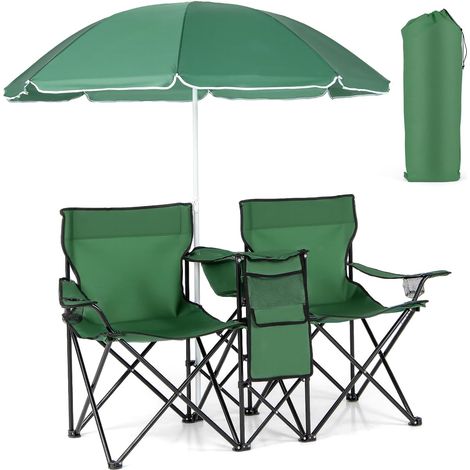 COSTWAY Sedia da Campeggio Pieghevole a 2 Posti, Poltrona Giardino Doppio con Ombrellone, Sedia da Pesca con Borsa Frigo, Portabicchieri, Portata 270 kg (Verde)