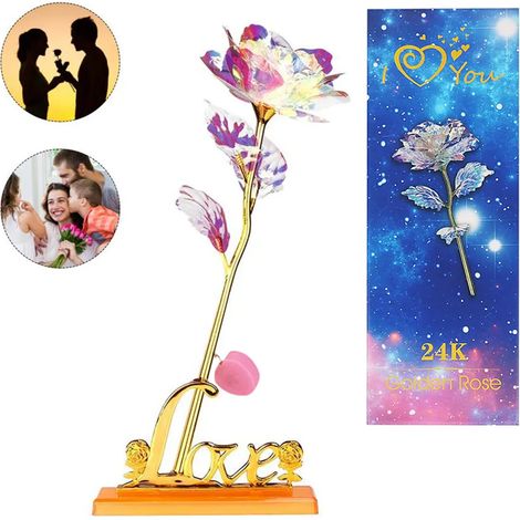 Rosa de oro 24K, regalo de rosa de galaxia, rosa preservada hecha a mano con luz, soporte de exposición y caja de regalo para boda, Día de la Madre, cumpleaños, Día de San Valentín, aniversario (rosa) (1/4)