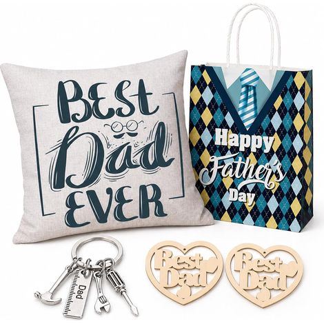 Coffret Cadeau Fête des Pères Ensemble Housse de Coussin en Lin Porte-Clés Dad et Pendentif Coeur en Bois DIY avec Sac Cadeau Anniversaire Noël Idée Cadeau pour Meilleur Papa du Monde (1/5)
