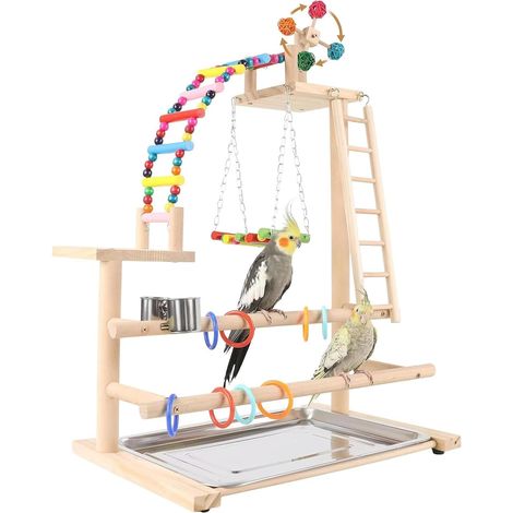 1 Aire de jeux pour oiseaux, Structure en bois, Avec échelle et balançoire, Perchoir lisse, Pour perruches et perroquets (1/5)