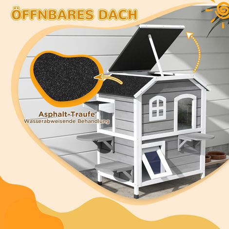 Niche extérieure pour chat PawHut, 2 niveaux, isolée contre le froid et imperméable, toiture en asphalte, couvercle à charnières, escalier intégré, abri pour jardin ou balcon, 99,5 x 76 x 91 cm, gris