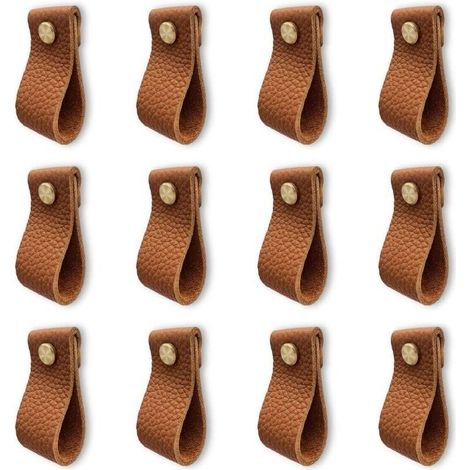 Set of 12 kitchen furniture handles, leather furniture handles, door handles with nuts and bolts, anti-collision cabinet door knobs for drawers and chests of drawers, lovely gift, brown (1/4)