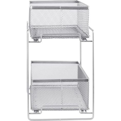 Rangement sous Évier à 2 Niveaux, Tiroir Rangement Cuisine, Panier de Rangement Coulissant, Étagères à Épices Coulissante, Étagère Rangement pour Cuisine, Bureau,Salle de Bain (Argent 35×18,3×32,5 cm)