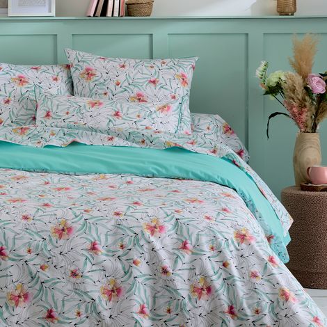 Taie de traversin coton floral exotique Bleu 86x140 cm
