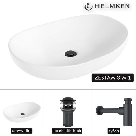 Helmken 50263000 Aufsatzwaschbecken (63x42) Weiß + Mattschwarzer Siphon + Mattschwarzer Klick-Klack-Verschluss (1/5)