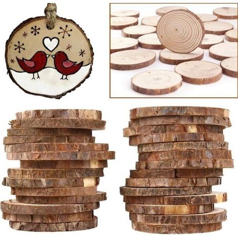Lot de 50 Rondelles de Bois Naturel 4-5cm avec Trous par - Disque en Bois Rustique avec Finition Lisse et Motif Écorce, Épaisseur 5 (1/4)