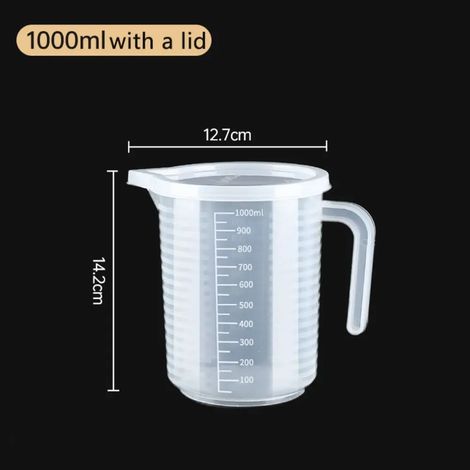 Gobelet doseur (1000 ml avec couvercle) en plastique transparent, bécher de laboratoire gradué, récipient de mesure pour liquides, idéal pour la cuisine et la pâtisserie. (1/5)