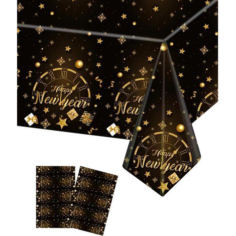 2er Set Einweg-Tischdecken für Silvester, Schwarz-Gold, 137x274cm