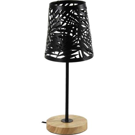LAMPADA DA TAVOLO CON PARALUME A FOGLIA NERO E BASE TONDA IN LEGNO 14 X 35 CM (1/2)