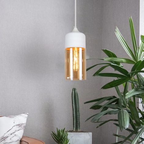 Suspension Luminaire Vintage Industriel Lustre Suspension Abat-jour en Verre Lustre Plafonnier Blanc et Ambre E27 Ø13CM - 1Pcs