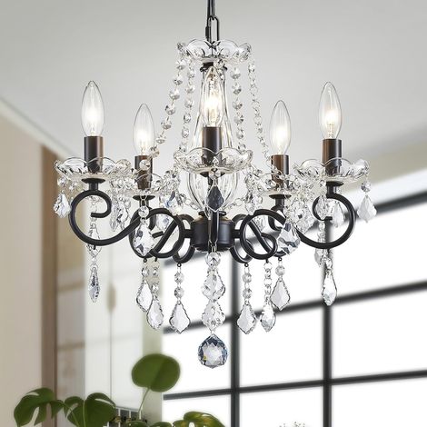 Lustre moderne 5 lumières - Acier noir et cristal - Suspension réglable pour salon et salle à manger - H42cm x L43cm