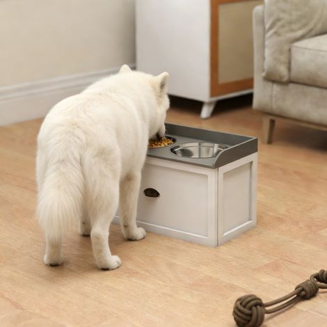 Gamelle double chien chat - porte-gamelles surélevé rangement 2 en 1 - tiroir, 2 gamelles - acier inox. MDF blanc gris