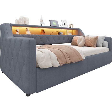 Lit banquette 90x200 cm avec LED multicolore, rangement hydraulique, ports USB et USB-C, tête flottante, tissu gris, sans matelas - CHICFURN (1/5)