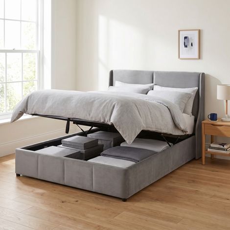Stauraumbett Doppelbett 140x190 cm mit hydraulisch hochklappbarem Lattenrost, großem Bettkasten, Samt Grau