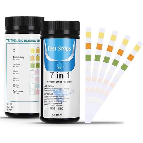 Bandelettes de Test pour Piscine, 7 en 1 bandelette Test Piscine, Lot de 50 bandelettes pour Test de Qualité d'eau sur Chlore, Brome, Nitrite, Nitrate, Dureté, Alcalinité Totale, PH … (50)-- (1/4)