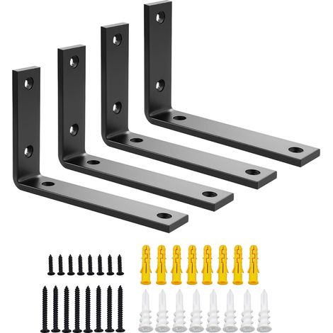 Équerres Murales Métal 4 Pièces Supports Étagère Charge Lourde 5mm, Fixation Flottante Angles 90° pour Salon, Chambre, Cuisine Noir (1/5)