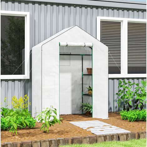 Serre de jardin avec étagères, porte enroulable blanche OKMYHOME (1/5)