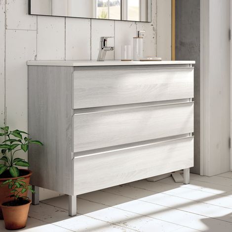 Meuble sous vasque seul, 3 tiroirs, 60cm, pour simple vasque - hibernian (bois blanchi) - PALMA