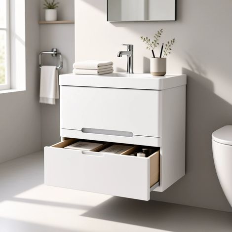 Meuble Salle de Bains avec vasque/lavabo FIDJI 60 suspendu laqué Blanc brillant avec plan en résine (1/5)