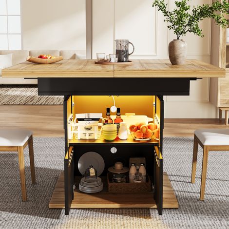 Mesa de comedor extensible de 110-140 x 80 cm con almacenamiento LED, estante ajustable, MDF con efecto madera negra y metal. (1/5)