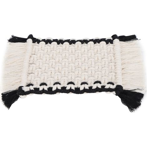 Dessous de verre en coton tissé à la main, napperon rectangulaire à pompons, décoration de bureauB (1/5)