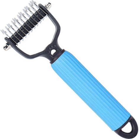 Râteau de toilettage pour animaux - Outil de démêlage double face, râteau pour sous-poil de chiens et chats, brosse de toilettage extra-large pour chiens, petit modèle bleu (1/5)