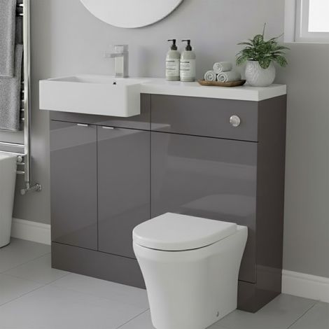 Hudson Reed Fusion LH Combination Unit with Square Semi Recessed Basin 1000mm Wide - Gloss Grey (1/4)