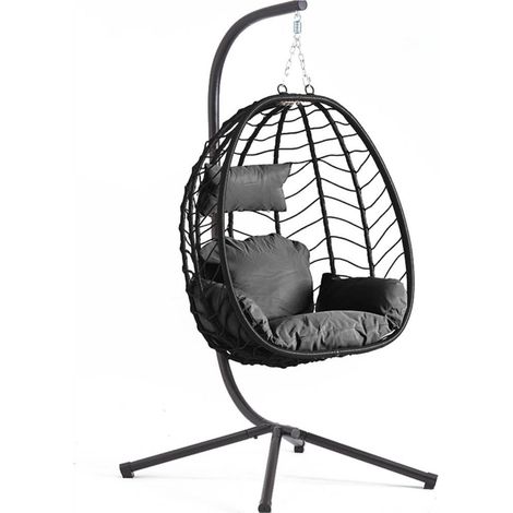 Concept-Usine – Fauteuil suspendu en résine tressée noir – 1 place – Structure en acier robuste – Coussin déhoussable pour confort