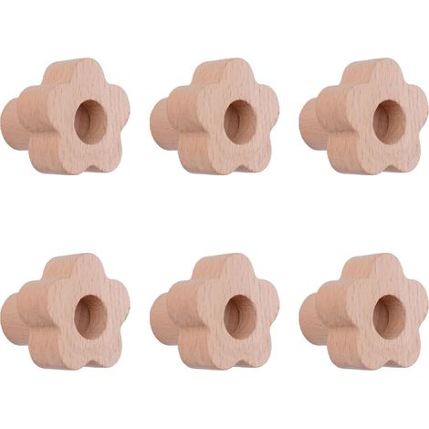 Boutons de placard en bois en forme de fleur, 6 pièces en bois naturel fait main, boutons en bois de hêtre à trou unique pour tiroir, placard, commode avec vis et tube d’expansion (1/5)