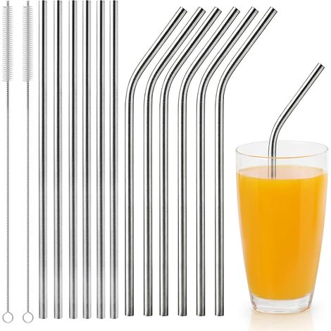 24 Pailles en Acier Inoxydable,12 droites et 12 coudées,Acier 304 alimentaire,Diamètre 0,6 cm,Pour cocktails et milkshakes