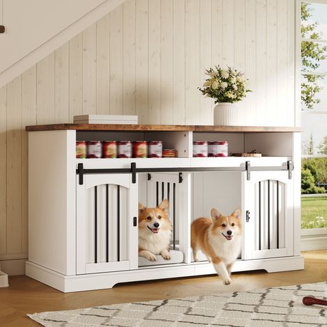 Cage chien meuble rangement intérieur, niche avec porte coulissante verrouillable, séparation centrale démontable, buffet TV vintage marron et blanc, 153x60x85 cm (1/5)