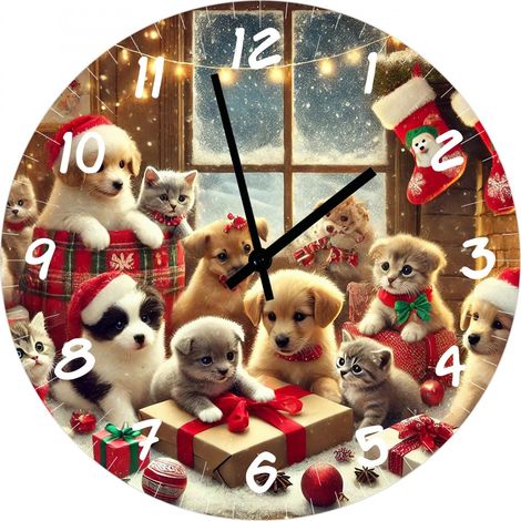 Horloge en verre chiots et chatons de Noël 29 cm (1/2)