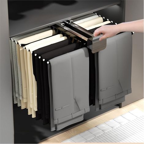 Pull-Out Clothes Rail, Extendable Trouser Rack with Shock Absorber, Multifunctional Clothes Organizer, Wall Mounting Sliding Trouser Rack, Black (1/5)
