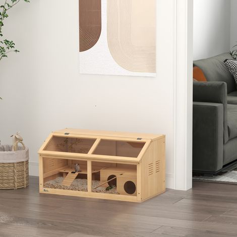 Hamsterkäfig mit Plattform, Leitern, Hütte und Brücke, Nagerkäfig aus Tannenholz, 85 x 45 x 44 cm, Holzfarbe