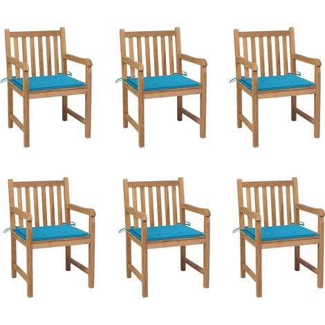 Chaises de jardin lot de 6 et coussins bleu Bois de teck massif (1/5)