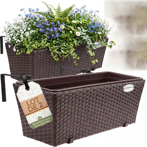 2x Bac à fleurs en polyrotin Jardinière pour balcon Terrasse Fenêtre Jardin Brun