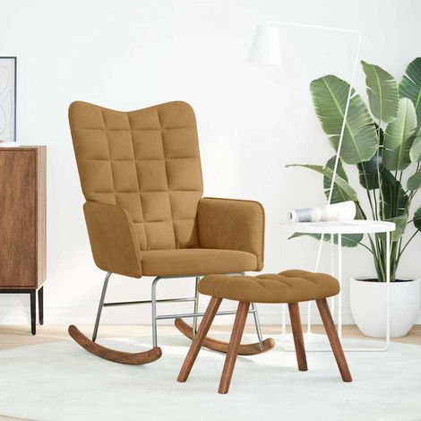Chaise à bascule avec repose-pied marron velours (1/5)