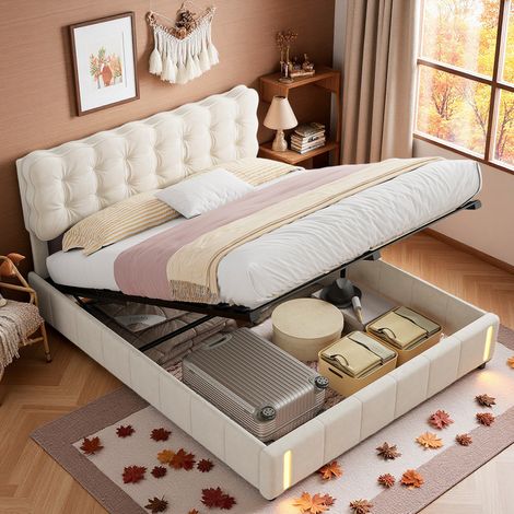 Lit Coffre 140 x 190 cm, Lit 2 places avec LED et Système Hydraulique, Tête de Lit Moderne Capitonnée, Sommier à Lattes en Bois, Velours, Beige (1/5)
