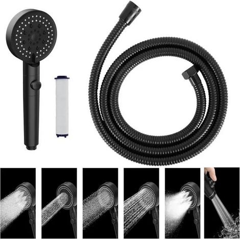 Pommeau de douche économie d'eau à 5 modes - Noir - Avec élément filtrant et tuyau - Arrêt à un bouton (1/4)