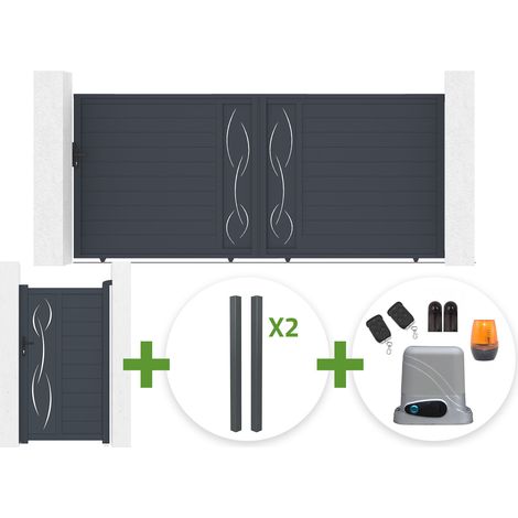 Portail coulissant 4m LIFE H.180cm gris + Portillon 1m LIFE H.180cm gris + 4 poteaux ELDA + motorisation Tanker C600 (1/5)