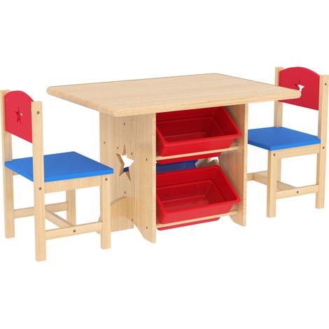 Table et 2 chaises enfant en bois naturel, lot de 3 pièces avec 4 tiroirs de rangement (1/5)