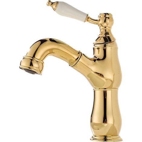 Vintage-Waschtischarmatur aus Vollkupfer mit Ausziehbrause, Warm- und Kaltwassermischer für Bad, Waschbecken und Küche – Vintage-Ausziehmodell, Keramikgriff  Gold + 60 cm Schlauch