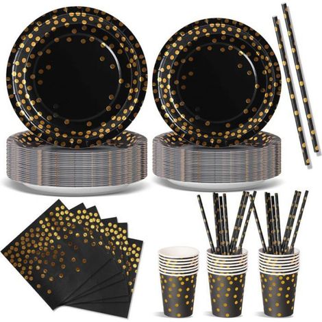 Vaisselle Jetable Noir Or - 120 Pièces - Papier Épais - Pour 24 Invités - Anniversaire Et Fête ACCESSOIRES FABRICATION MAISON (1/5)