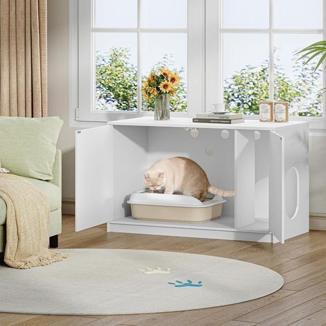 Meuble Litiere Chat, Maison de Toilette Chat, 100x50x60,5cm,Blanc Maison pour Chats en Bois, avec Portes à Ouverture par Pression et Trous d'Aération, Table d'Appoint (1/5)
