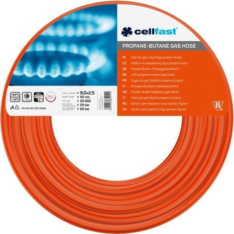 Cellfast – Tuyau gaz propane-butane haute pression 9 x 2,5 x 50 m – Résistant aux objets chauds – Plage de température -10/+60 °C – Certificat de sécurité
