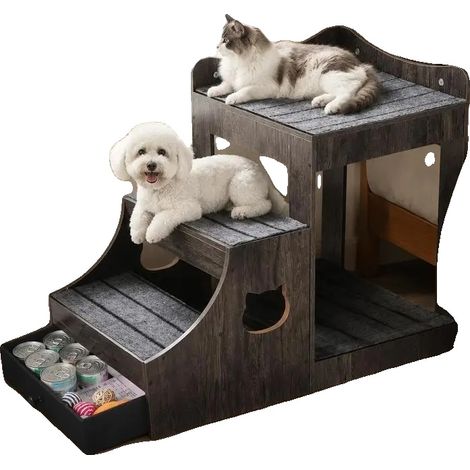 Litera para mascotas, escaleras antideslizantes extraíbles, cajón de almacenamiento, GRIS (1/2)