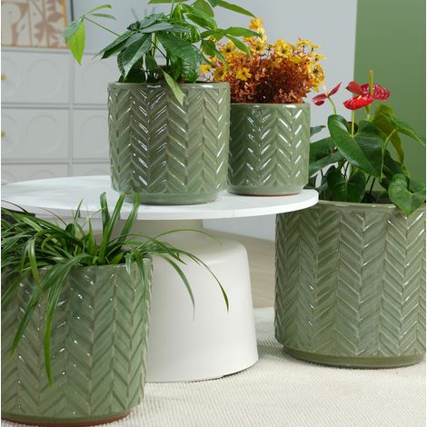Lot de 4 pots de fleurs Ø38/31,5/24,5/20 cm en céramique vert sauge, moderne intérieur FloraGrace (1/5)