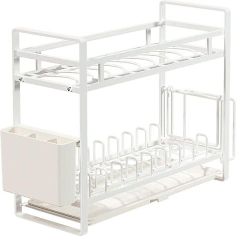 Escurridor de platos doble, escurridor de platos blanco de encimera, escurridor de platos de acero con soporte para cubiertos y bandeja de goteo, accesorios y recipientes de cocina