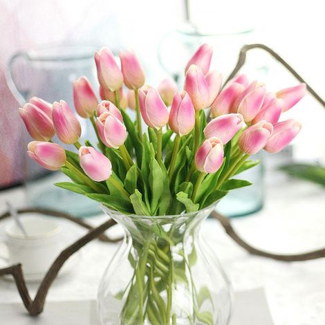 Lot de 10 tulipes artificielles 34 cm pour intérieur ou extérieur, décoration de mariage, cuisine, bureau, café, maison (Rose foncé) (1/5)
